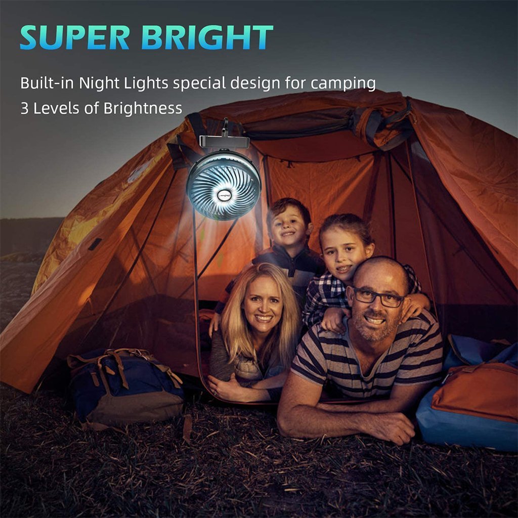 F220 7-inch camping fan with LED light, 5000mAh rechargeable battery usb operated fan with hanging hook for tent car RV - SkyGenius Online